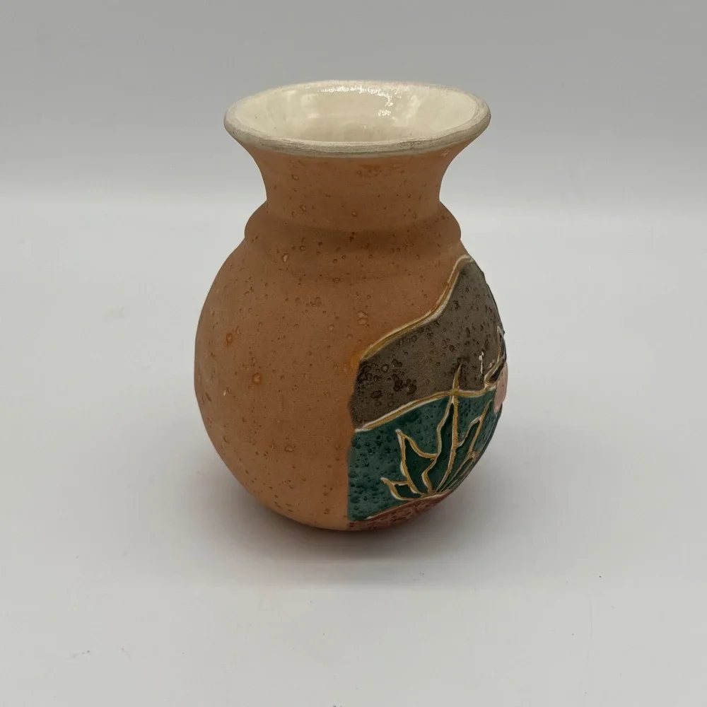 Vintage ACEVLOZA Mexican Pottery Vase Hand Painted Siesta Cactus Gold Trim 5x4